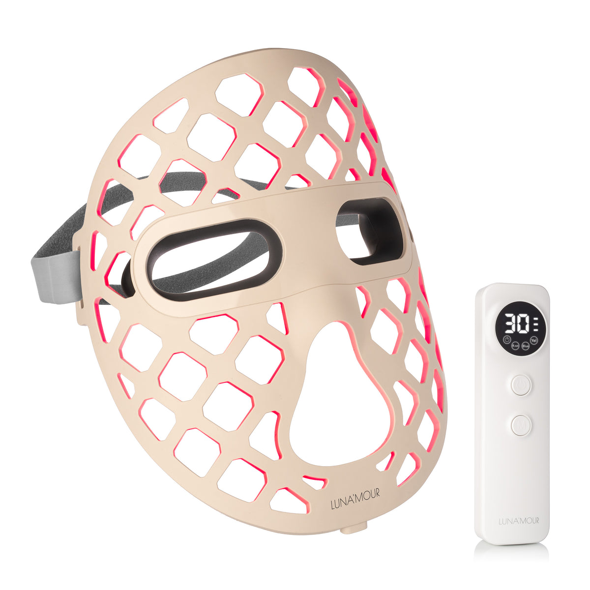 AuraLux Advanced+ LED face mask, cream silicone with a honeycomb lattice, shown with its remote
