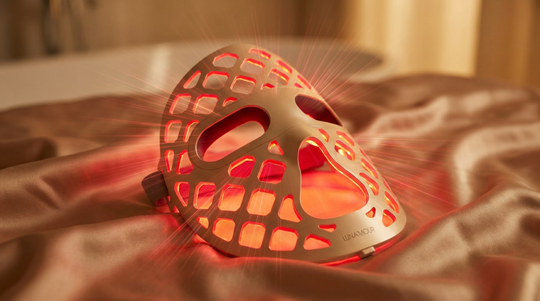 AuraLux LED face mask glowing with light therapy